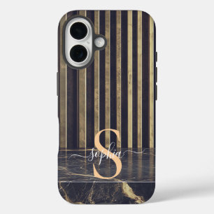 black marble gold glitter monogram iPhone 16 case