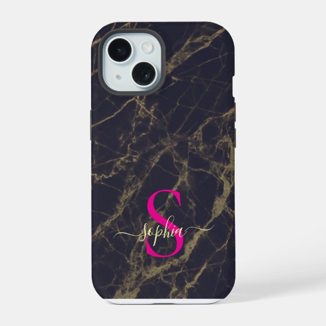 black  marble gold glitter monogram iPhone 15 case (Back)
