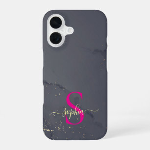 black marble gold glitter monogram iPhone 16 case