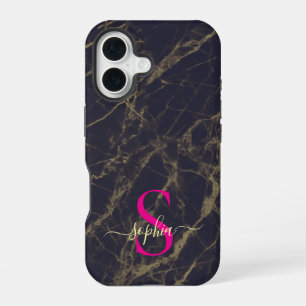 black marble gold glitter monogram iPhone 16 case