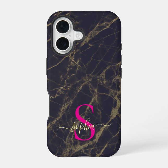 black  marble gold glitter monogram iPhone 16 case (Back)