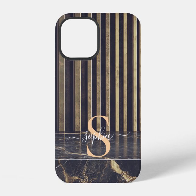 black marble gold glitter monogram iPhone case (Back)