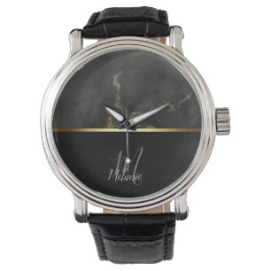 Black marble gold glitter monogram watch