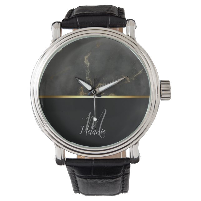 Black marble gold glitter monogram watch (Front)