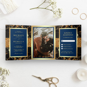 Black Marble Gold Glitter Navy Blue Wedding Tri-Fold Invitation