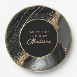 Black Marble Gold Glitter  Paper Plate