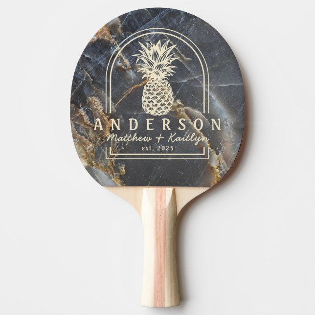 Black Marble & Gold Pineapple Wedding Arch & Name Ping Pong Paddle (Front)