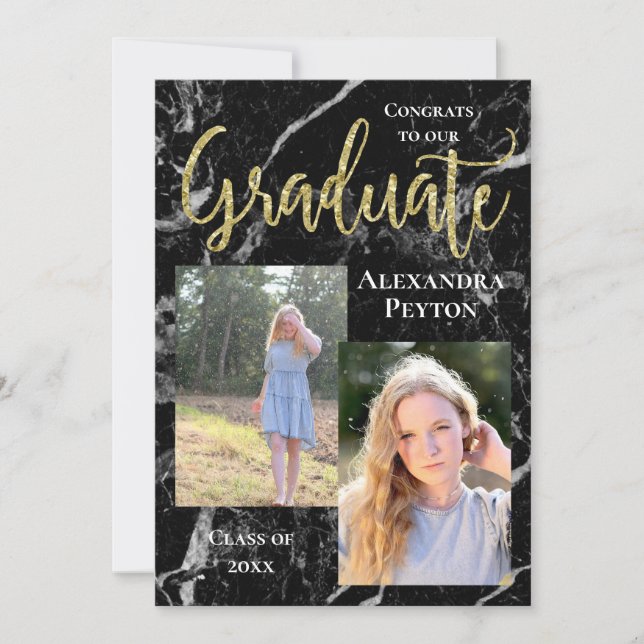 Black Marble Gold Script Photo Graduation Invitation (Front)