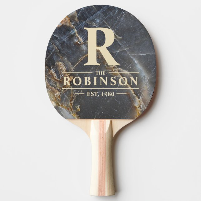 Black Marble & Gold Stone Family Name & Initial Ping Pong Paddle (Front)