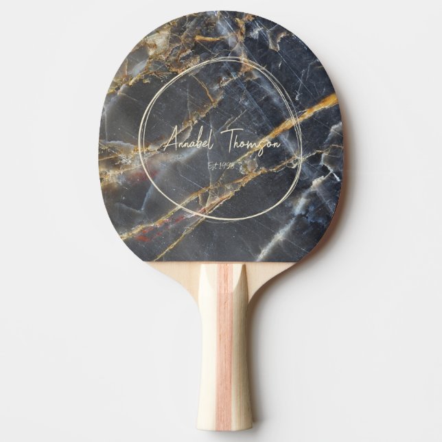 Black Marble & Gold Stone Name in Drawn Circle  Ping Pong Paddle (Front)