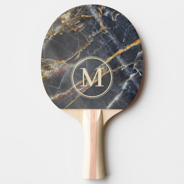 Black Marble & Gold Stone Stone Monogram Ping Pong Paddle (Front)