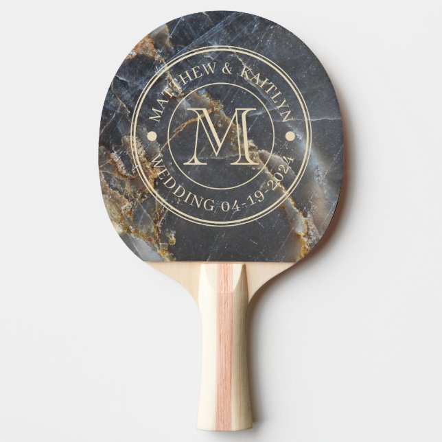 Black Marble & Gold Stone Wedding Monogram Ping Pong Paddle (Front)