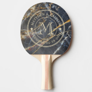 Black Marble & Gold Stone Wedding Monogram Star Ping Pong Paddle