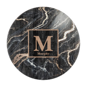 Black Marble & Gold Vein Monogram  Cutting Board