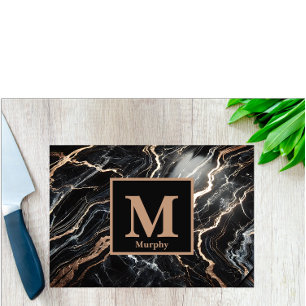 Black Marble & Gold Vein Monogram Cutting Board