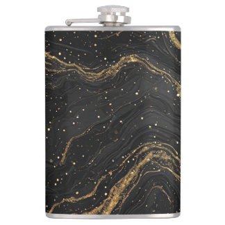 Black Marble Gold Veins Luxury Abstract Hip Flask