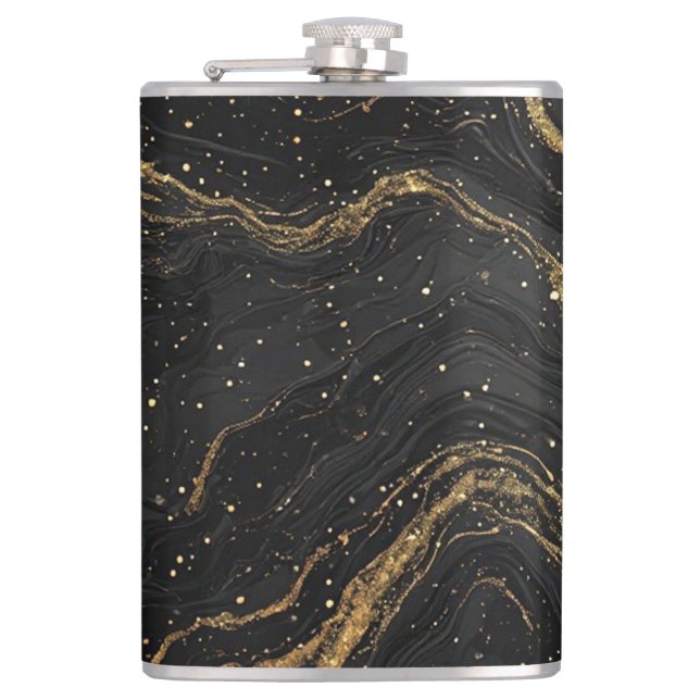 Black Marble Gold Veins Luxury Abstract Hip Flask (Front)