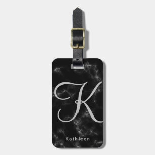 Black Marble Grey Monogrammed Initial Luggage Tag
