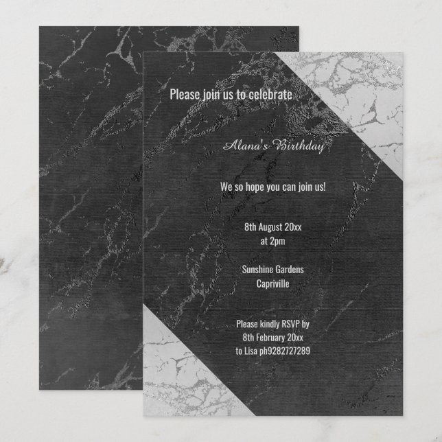 BLACK MARBLE GREY SPLIT ALL OCCASSION BIRTHDAY INVITATION (Front/Back)