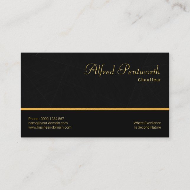 Black Marble Grunge Simple Gold Line Chauffeur Business Card (Front)
