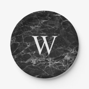 Black Marble Initial Square Custom Paper Plates
