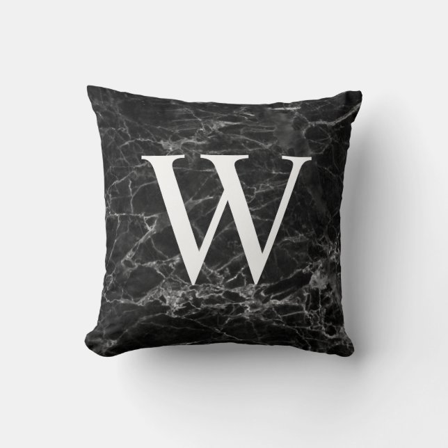Black Marble Initial Throw Pillow Home Decor (Front)