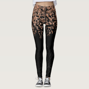 Black Marble Look Faux Rose Gold Confetti Leggings
