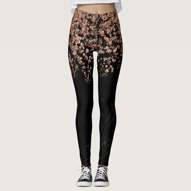 Black Marble Look | Faux Rose Gold Confetti Leggings (Front)