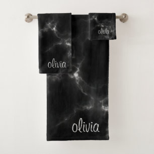 Black Marble Modern Script Girly Monogram Name  Bath Towel Set