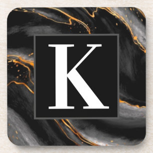 Black Marble Monogram Initial Housewarming  Coaster