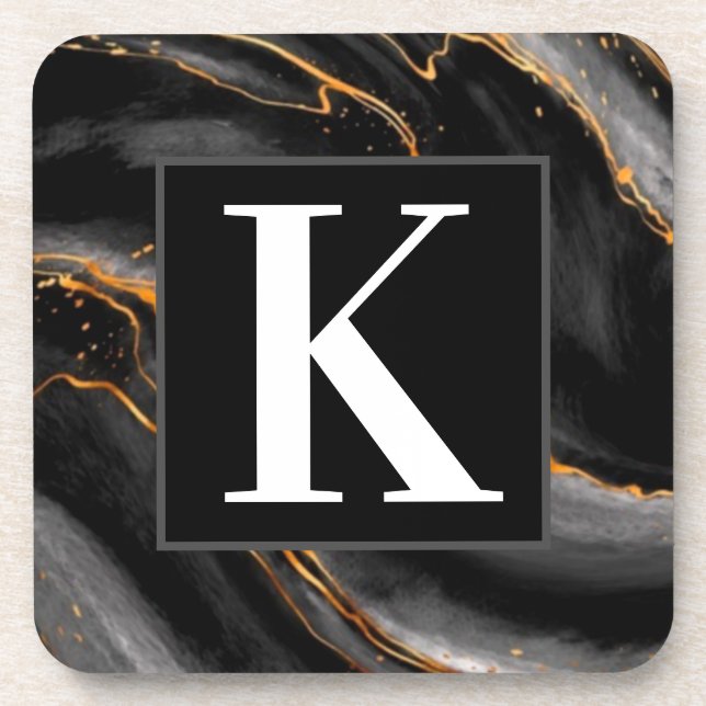 Black Marble Monogram Initial Housewarming  Coaster (Front)
