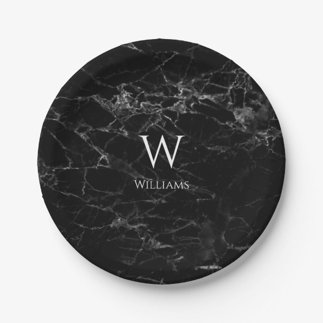 Black Marble Monogram Modern Elegant White Name Paper Plate (Front)