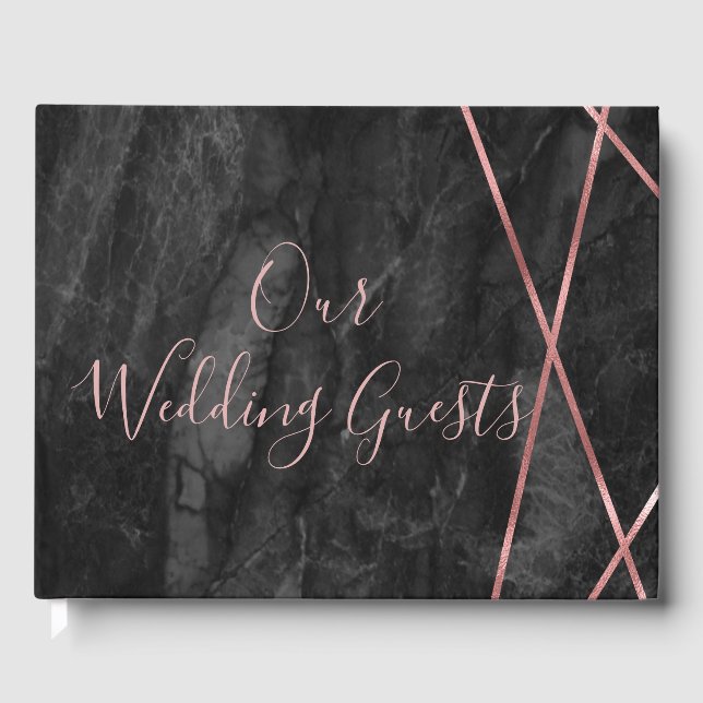 Black Marble Rose Gold Lines Geo Wedding Monogram Guest Book (Front)