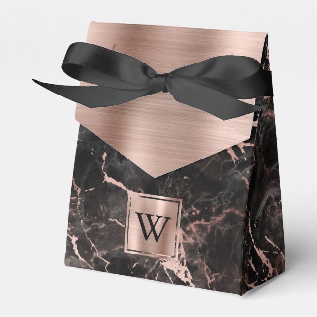 Black Marble Rose Gold Monogram Favor Box (Front Side)