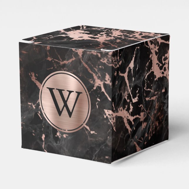 Black Marble Rose Gold Monogram Favor Box (Front Side)