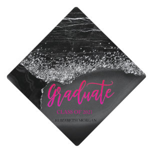 Black Marble Silver Sequins Graduation Cap Topper