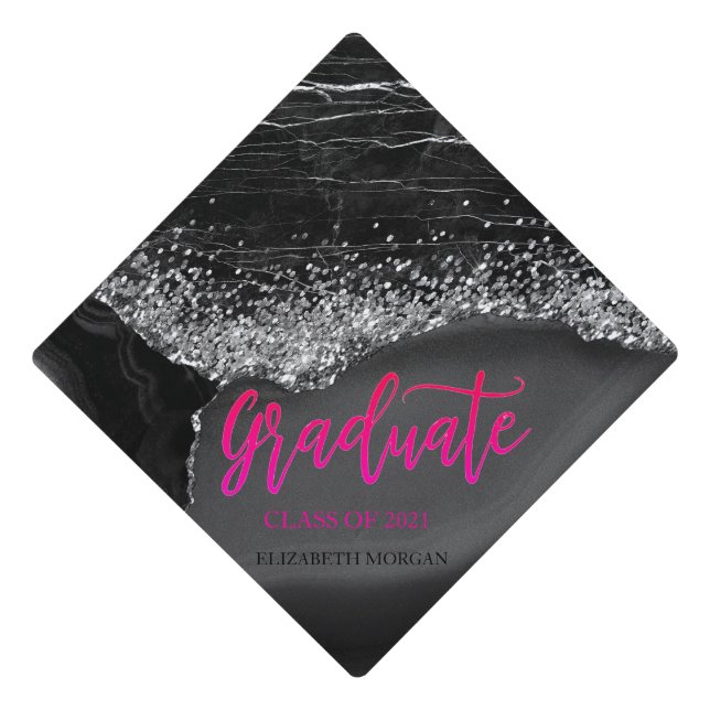 Black Marble Silver Sequins Graduation Cap Topper (Front)
