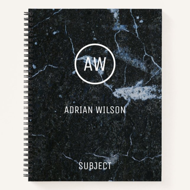 Black Marble Stone Pattern Monogram Notebook (Front)