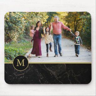 Black Marble Tan Monogram Family Photo Mouse Pad