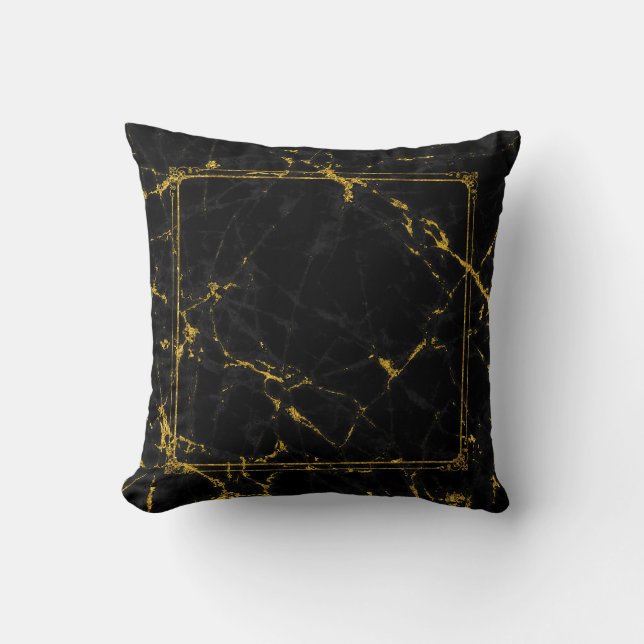 Black Marble Texture & Gold Frame & Accents Throw Pillow (Front)
