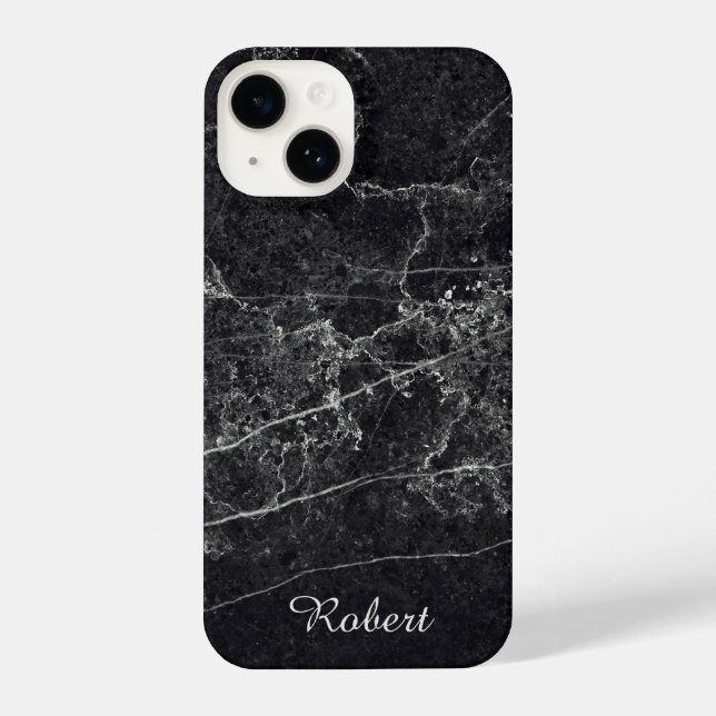 Black Marble Texture Monogram Name iPhone Case (Back)