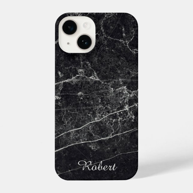 Black Marble Texture Monogram Name iPhone Case (Back)