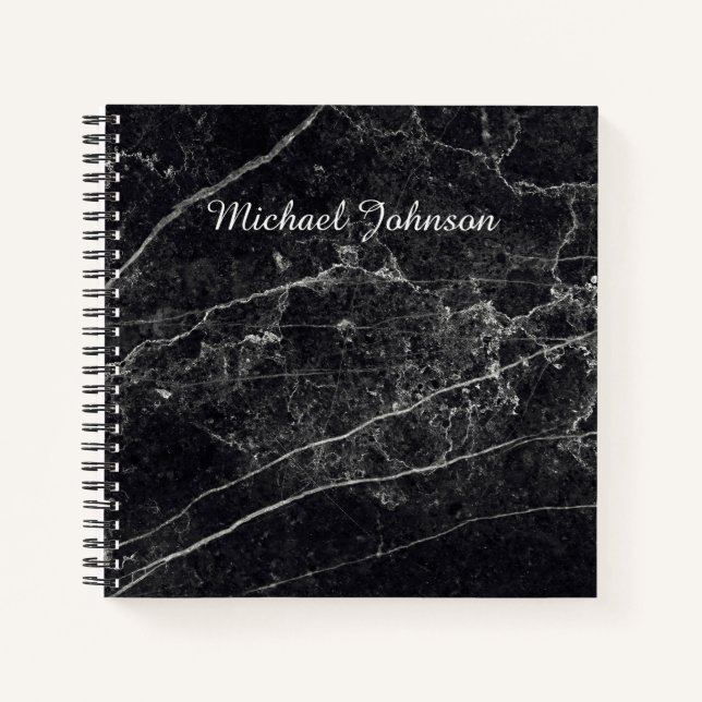 Black Marble Texture Monogram Name Notebook (Front)