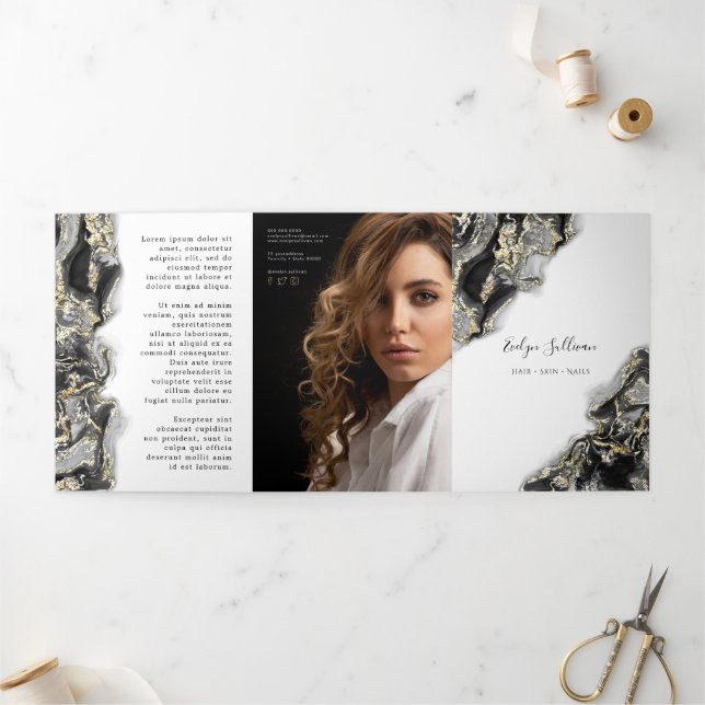 Black marbling design trifold brochure (Outside)