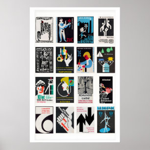 Black Matchbox Labels Grid, Vintage Ephemera Poster