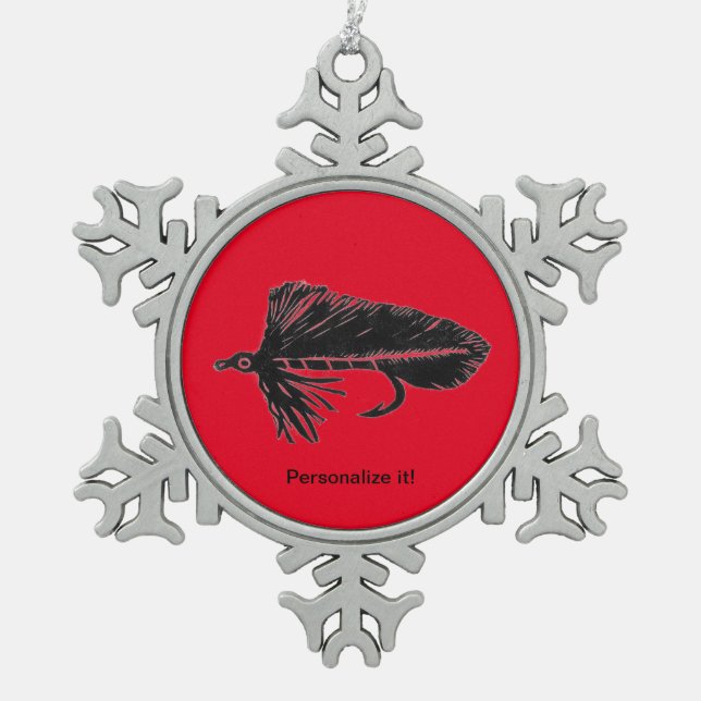 Black Matuka streamer, fly tying, fly fishing art Snowflake Pewter Christmas Ornament (Front)