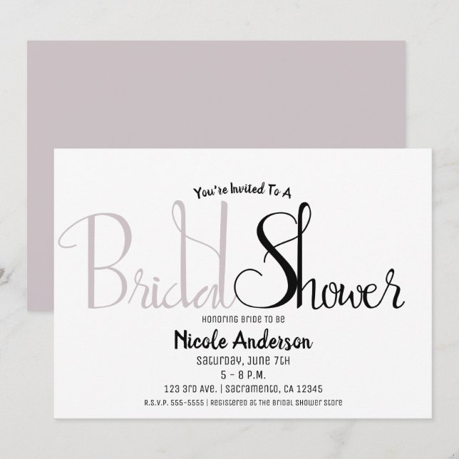 Black & Mauve Lilac Script Modern Bridal Shower Invitation (Front/Back)