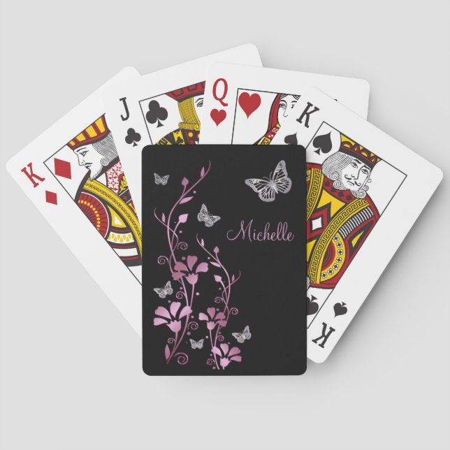 Black Mauve Silver Butterfly Floral Playing Cards (Back)