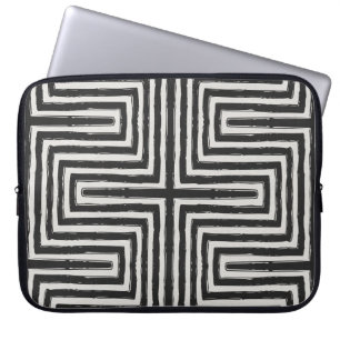 Black Maze African Print White Leather Look Laptop Sleeve