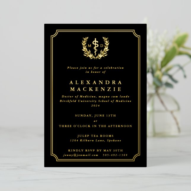 Black MD Asclepius + Laurel Wreath Graduation (Standing Front)
